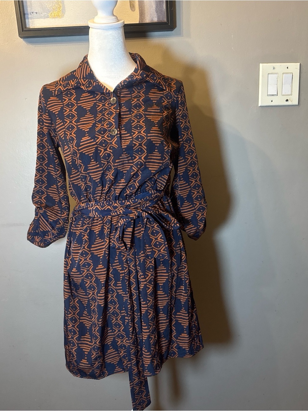 Women’s Navy and Rust Patterned Shirt Dress